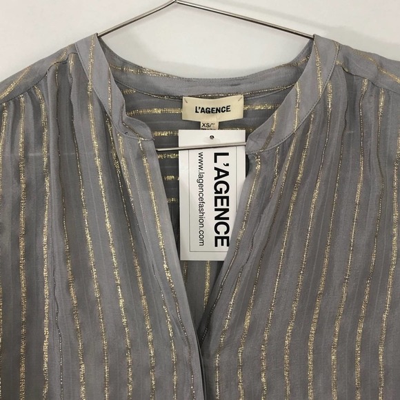 NWT L'AGENCE Gray Gold Metallic Striped Button Front Blouse Size XS - Picture 4 of 9